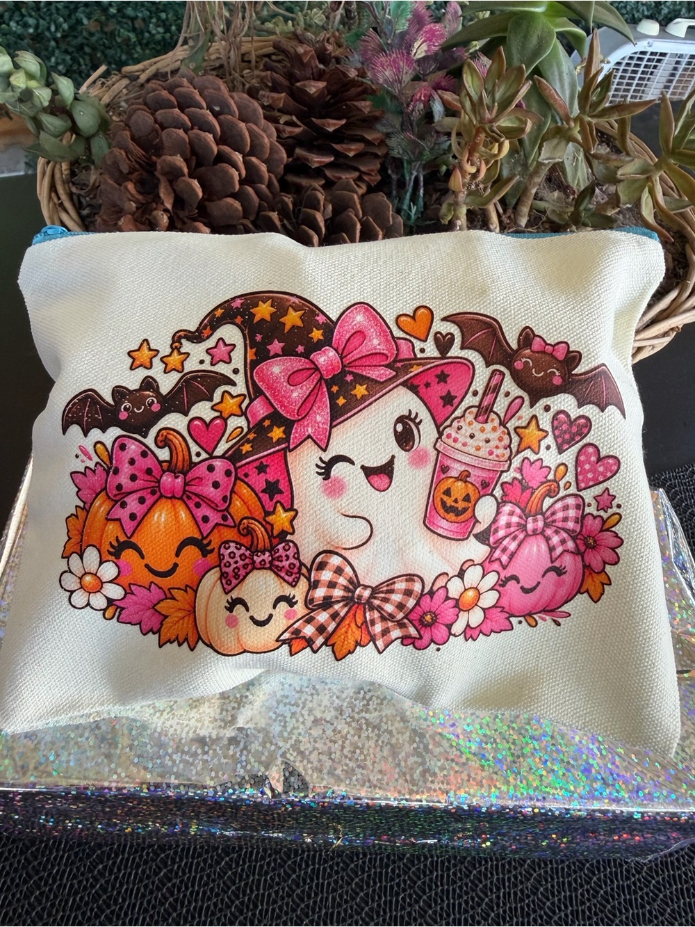 Cute Pink Witchy Halloween Canvas Pouch
